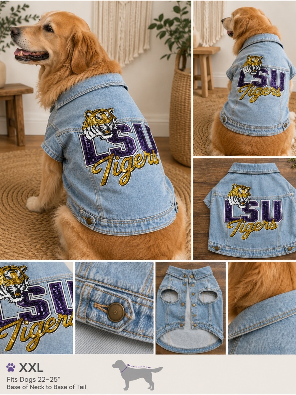 LSU Tigers Light Blue Denim Dog Jacket - XXL